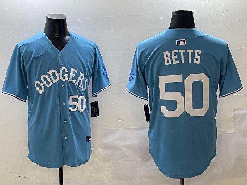 Men Los Angeles Dodgers 50 Betts Light Blue Throwback Game 2025 Nike MLB Jersey style 8